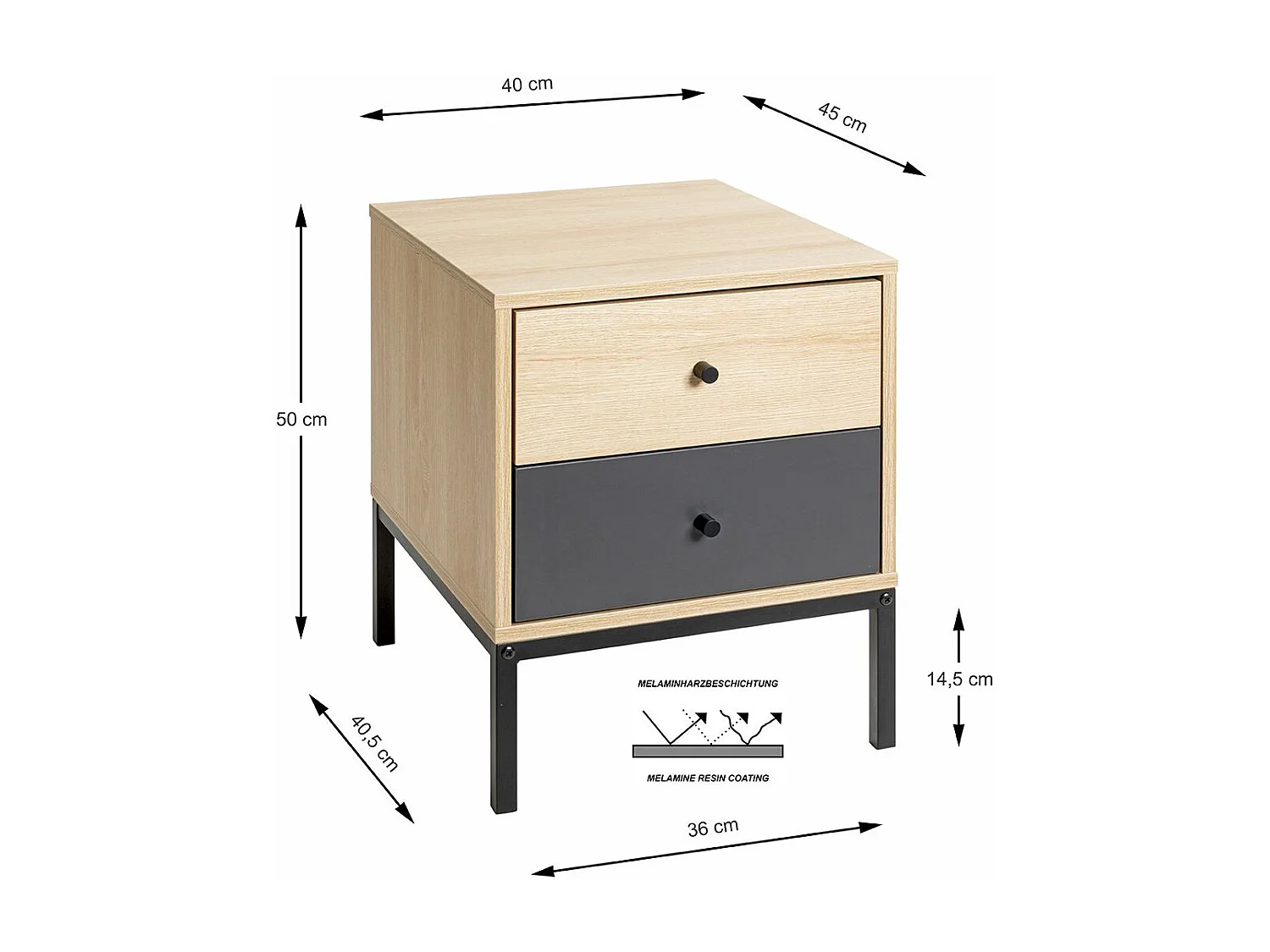 Table de nuit table de chevet 2 tiroirs coloris Chêne/gris et pieds en métal noir - Longueur 40 x Hauteur 50 x Profondeur 45 cm