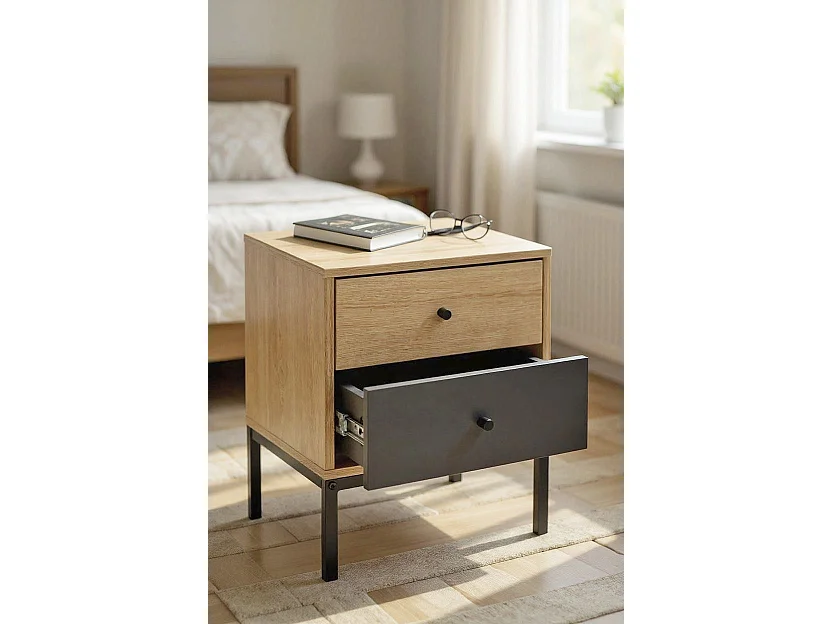 Table de nuit table de chevet 2 tiroirs coloris Chêne/gris et pieds en métal noir - Longueur 40 x Hauteur 50 x Profondeur 45 cm