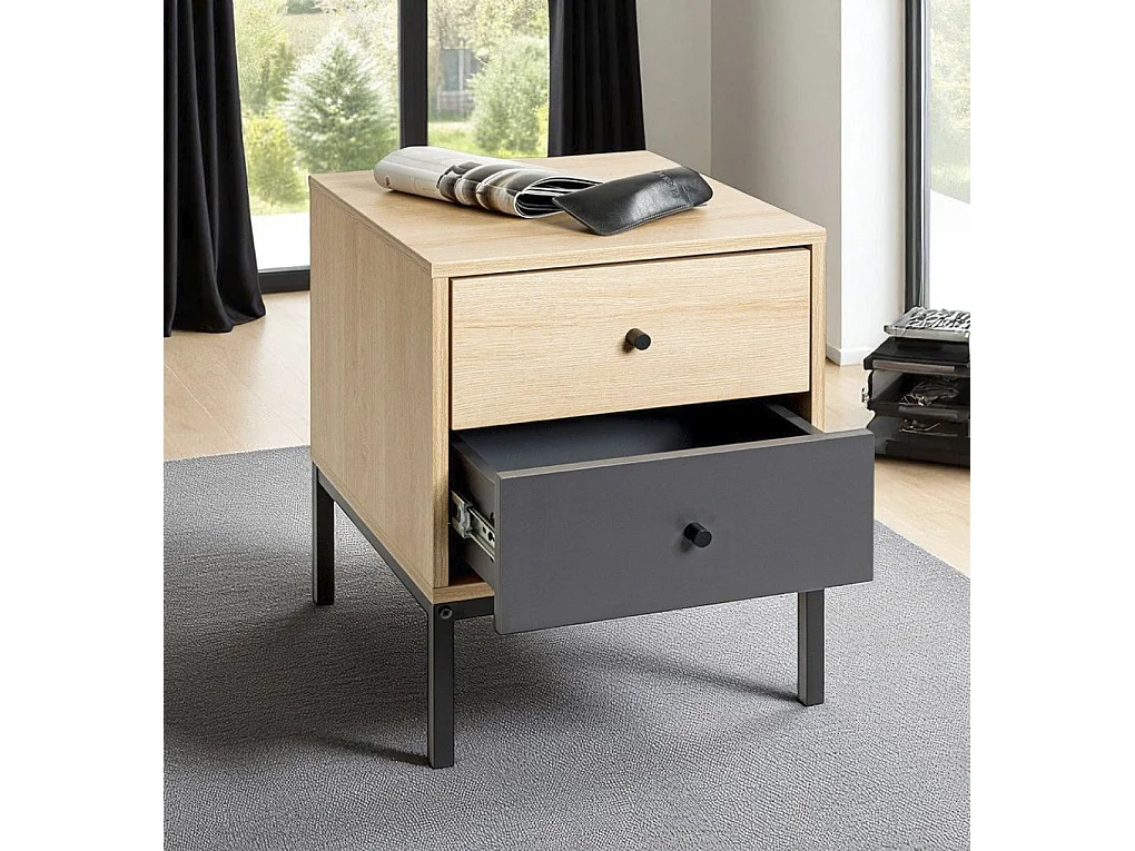 Table de nuit table de chevet 2 tiroirs coloris Chêne/gris et pieds en métal noir - Longueur 40 x Hauteur 50 x Profondeur 45 cm