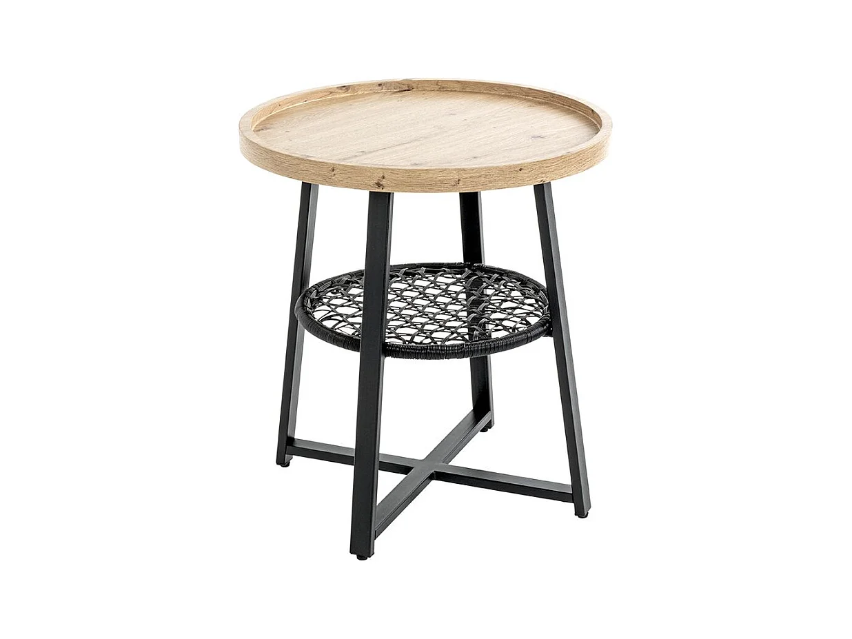 Table d'appoint ronde coloris chêne et métal noir - Diamètre 50 x Hauteur 55 cm