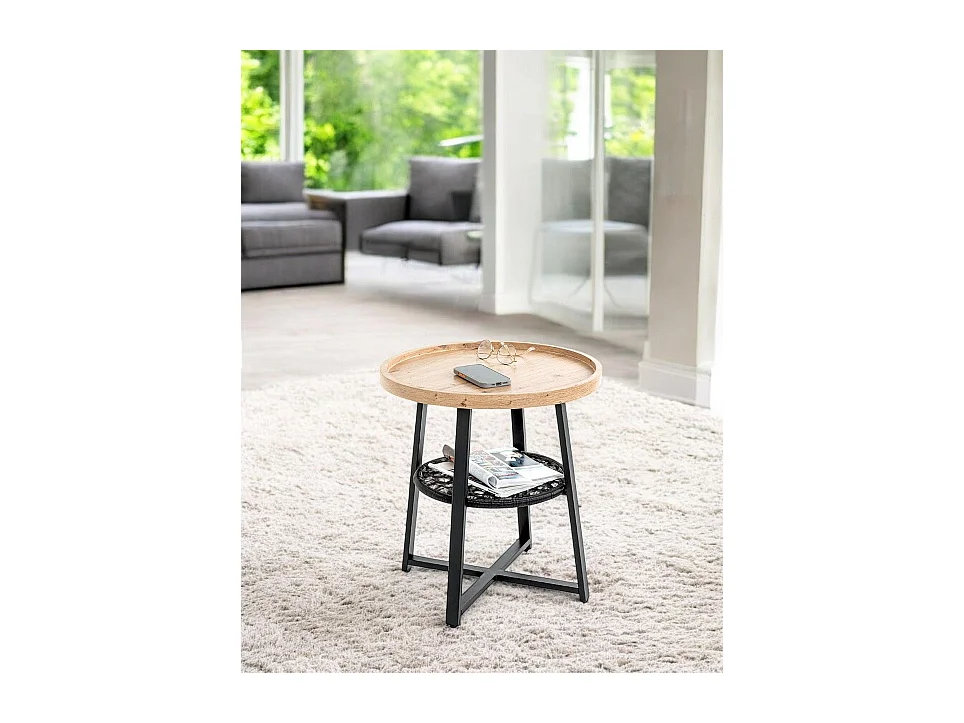 Table d'appoint ronde coloris chêne et métal noir - Diamètre 50 x Hauteur 55 cm