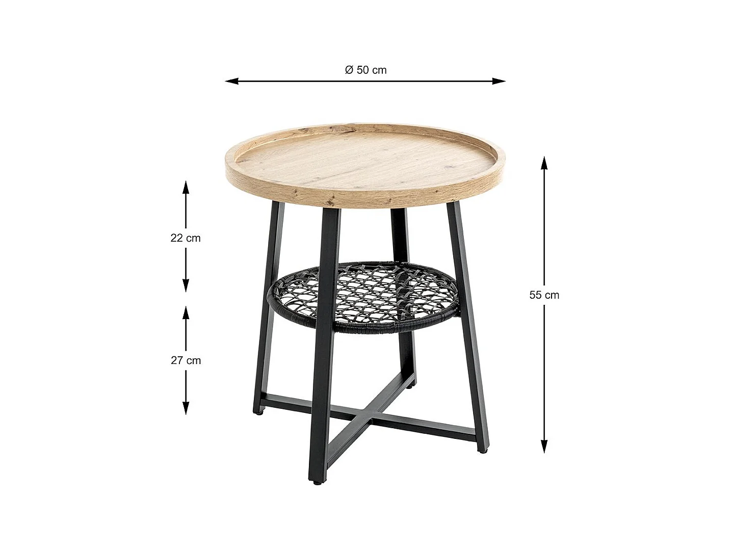 Table d'appoint ronde coloris chêne et métal noir - Diamètre 50 x Hauteur 55 cm