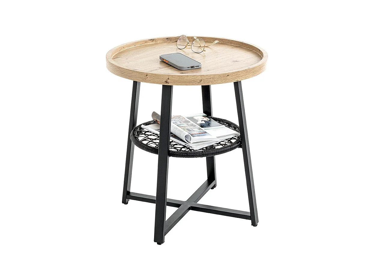 Table d'appoint ronde coloris chêne et métal noir - Diamètre 50 x Hauteur 55 cm