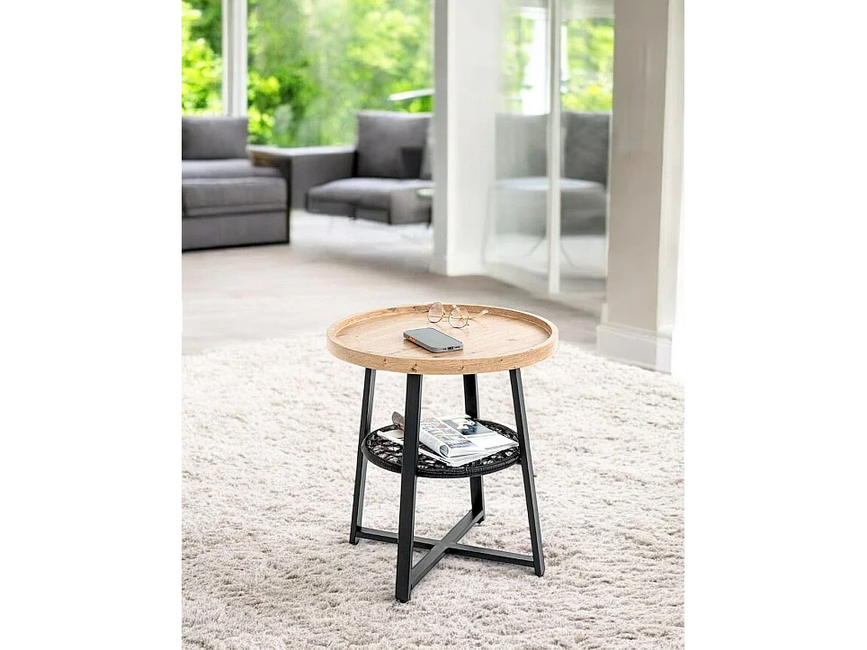 Table d'appoint ronde coloris chêne et métal noir - Diamètre 50 x Hauteur 55 cm