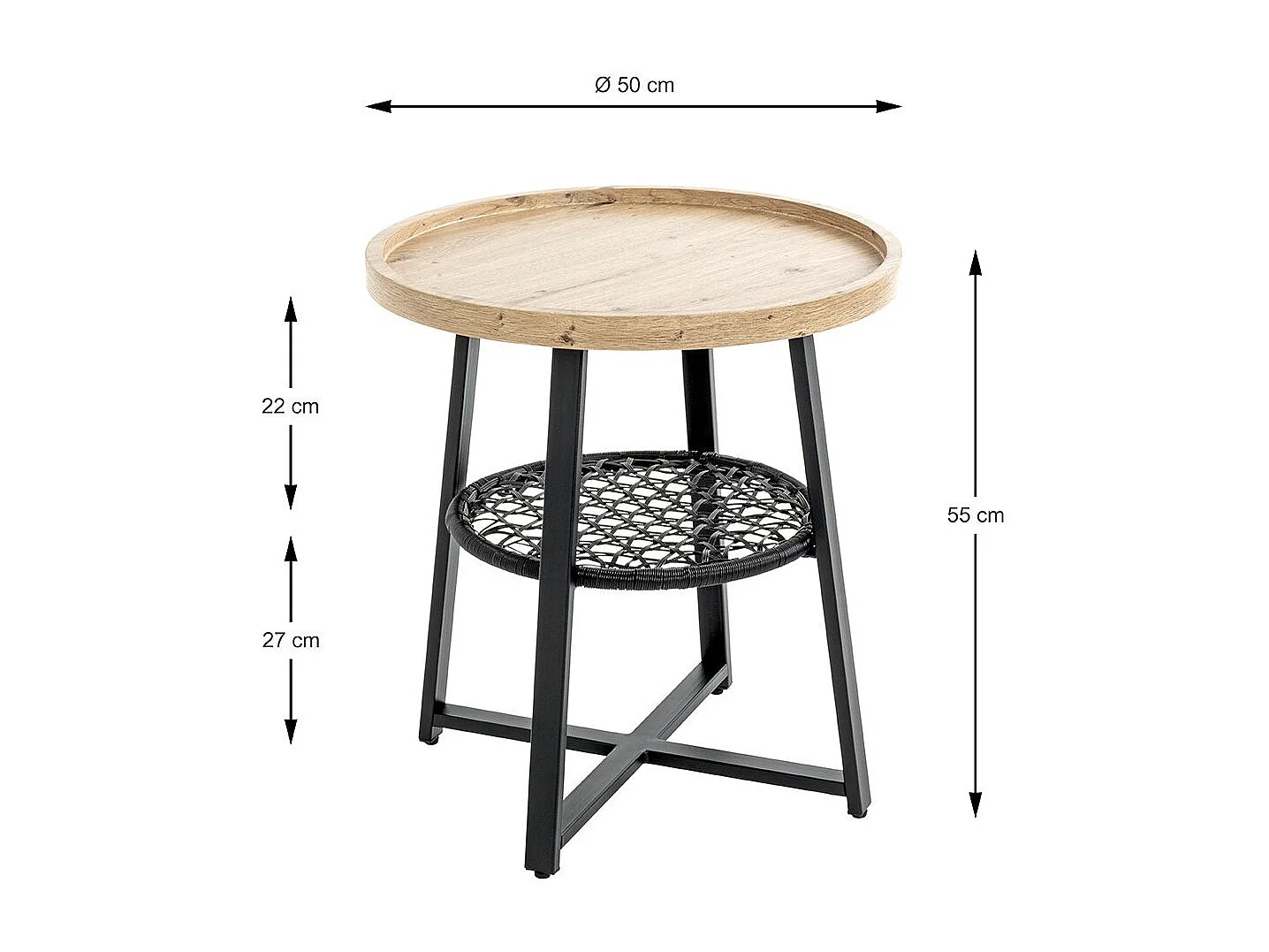Table d'appoint ronde coloris chêne et métal noir - Diamètre 50 x Hauteur 55 cm