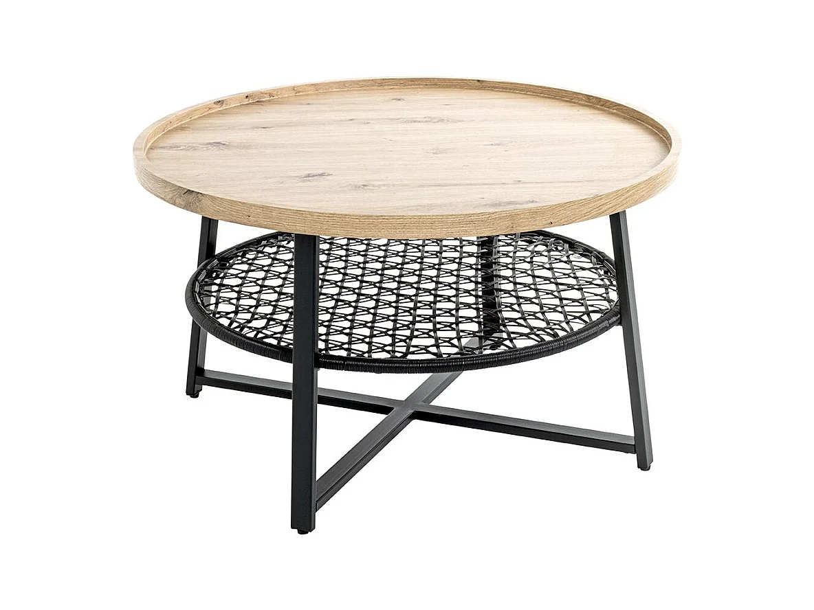 Table basse ronde coloris chêne et métal noir - Diamètre 75 x Hauteur 45 cm