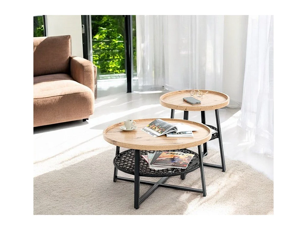 Table basse ronde coloris chêne et métal noir - Diamètre 75 x Hauteur 45 cm