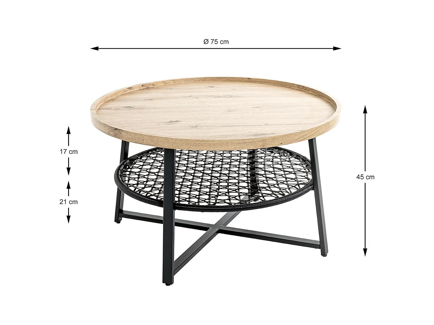 Table basse ronde coloris chêne et métal noir - Diamètre 75 x Hauteur 45 cm