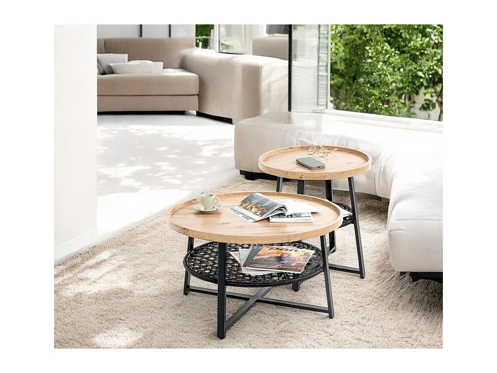 Table basse ronde coloris chêne et métal noir - Diamètre 75 x Hauteur 45 cm