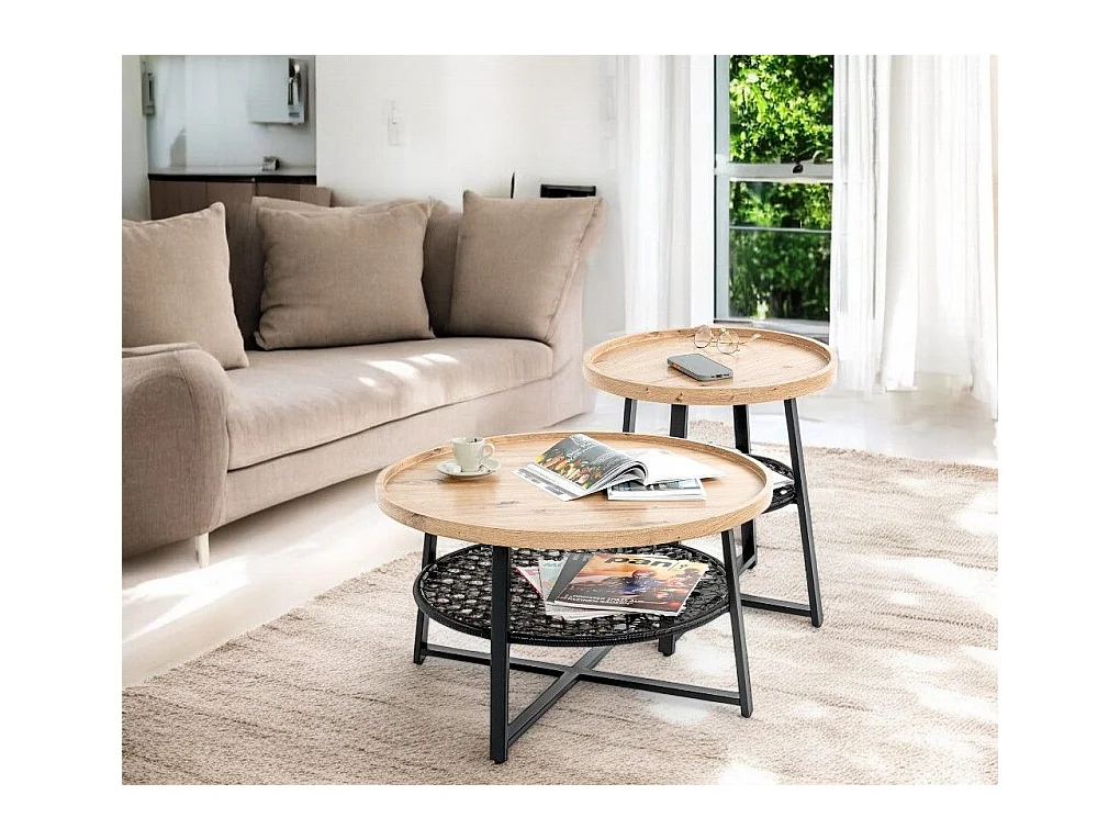 Table basse ronde coloris chêne et métal noir - Diamètre 75 x Hauteur 45 cm