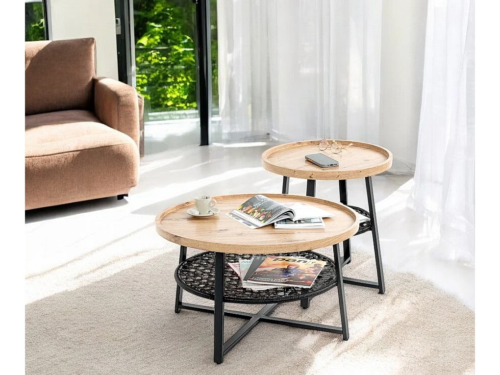 Table basse ronde coloris chêne et métal noir - Diamètre 75 x Hauteur 45 cm