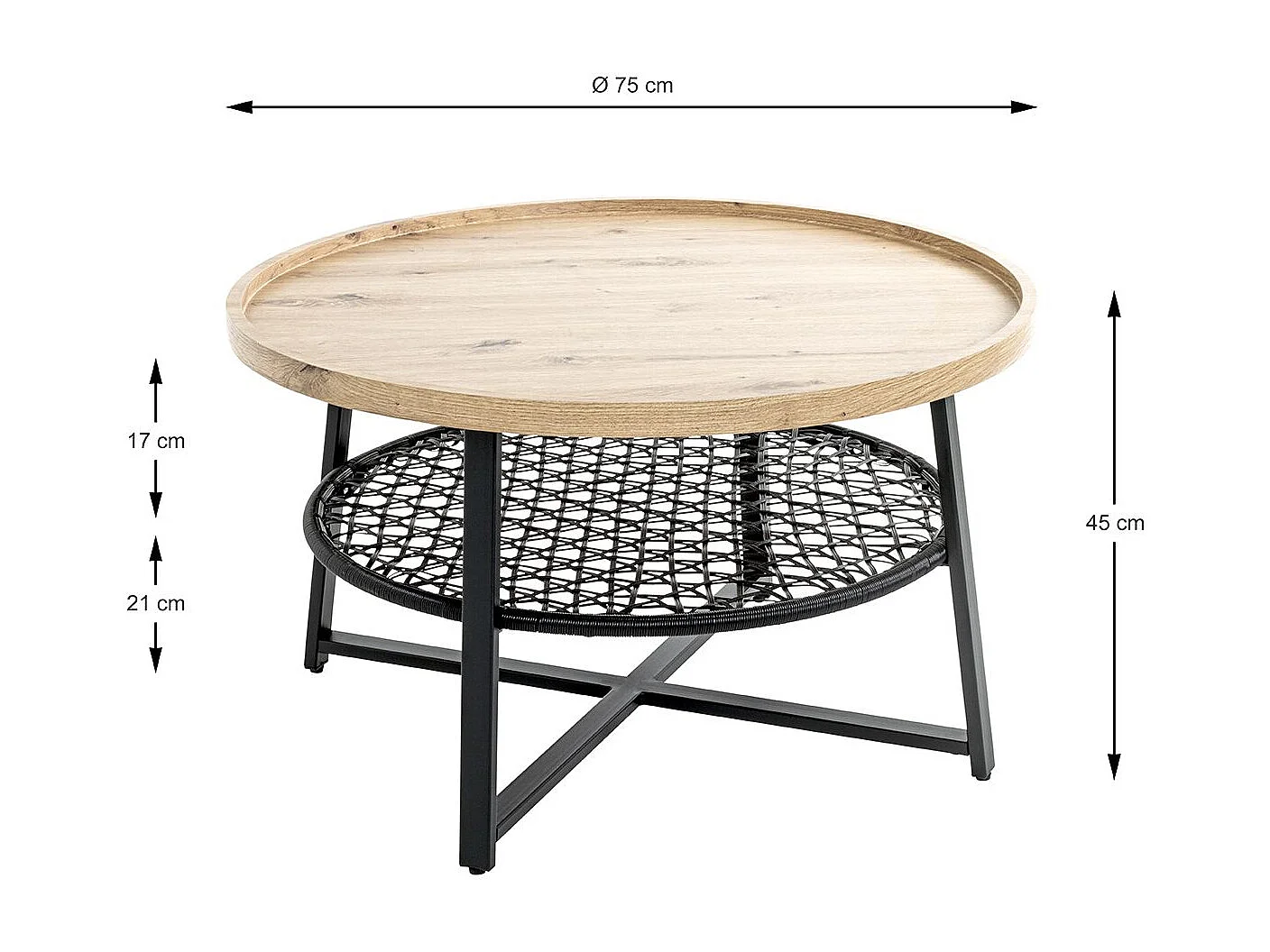 Table basse ronde coloris chêne et métal noir - Diamètre 75 x Hauteur 45 cm