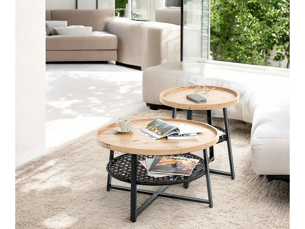 Table basse ronde coloris chêne et métal noir - Diamètre 75 x Hauteur 45 cm