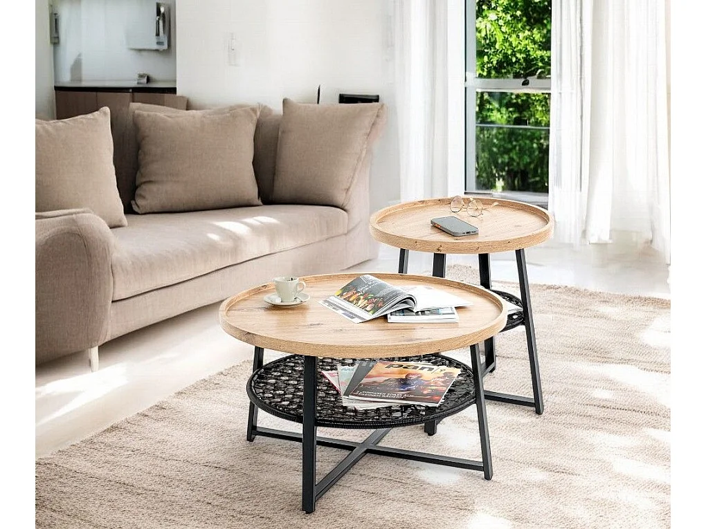 Table basse ronde coloris chêne et métal noir - Diamètre 75 x Hauteur 45 cm
