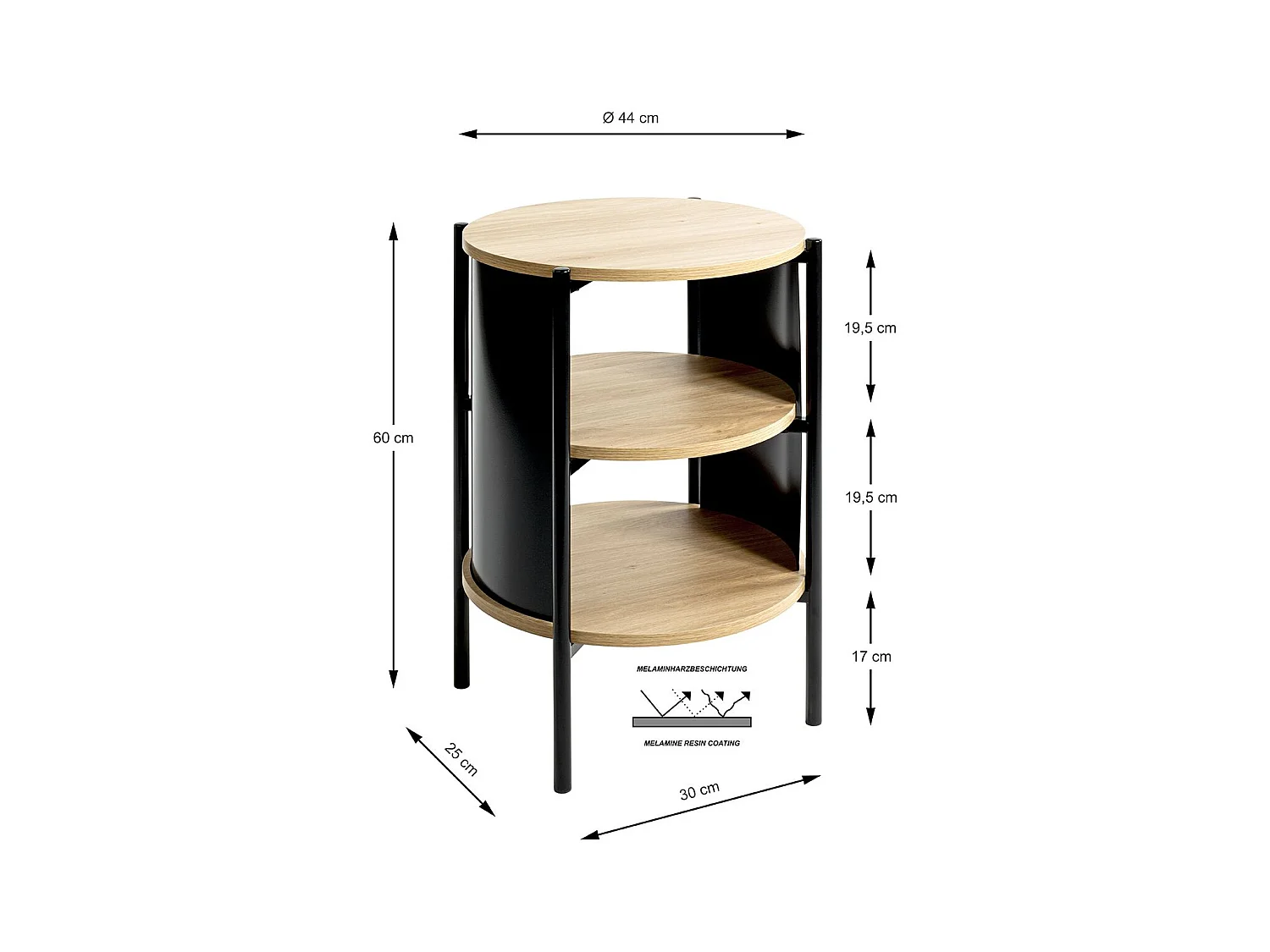 Table d'appoint Table basse coloris Chêne/Noir - Diamètre 44 x Hauteur 60 cm