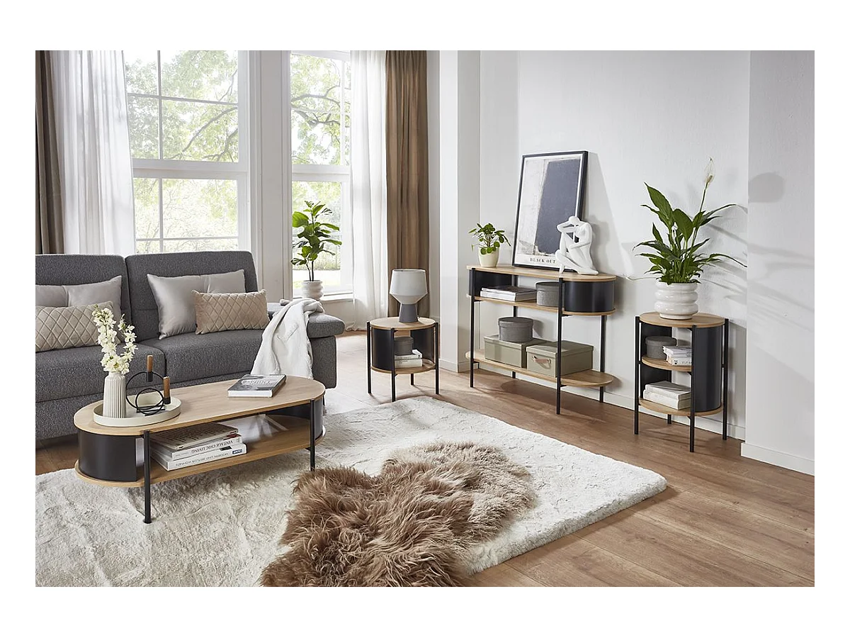 Table d'appoint Table basse coloris Chêne/Noir - Diamètre 44 x Hauteur 60 cm