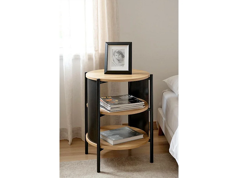 Table d'appoint Table basse coloris Chêne/Noir - Diamètre 44 x Hauteur 60 cm