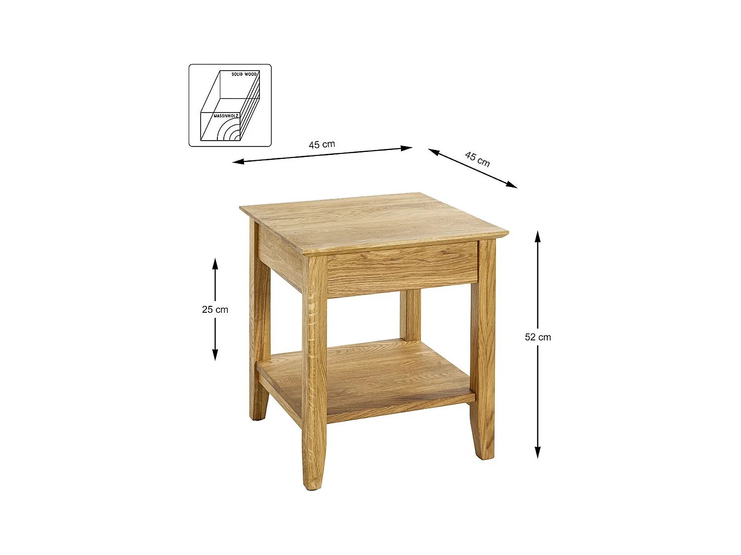 Table d'appoint en bois massif huilé coloris chêne - Longueur 45 x Hauteur 52 x Profondeur 45 cm