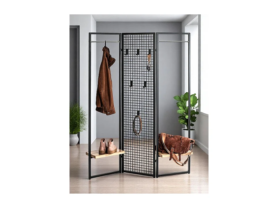 Porte-manteau Penderie, portant vestiaire paravent en métal coloris noir - Longueur 133 x Hauteur 175 x Profondeur 24 cm