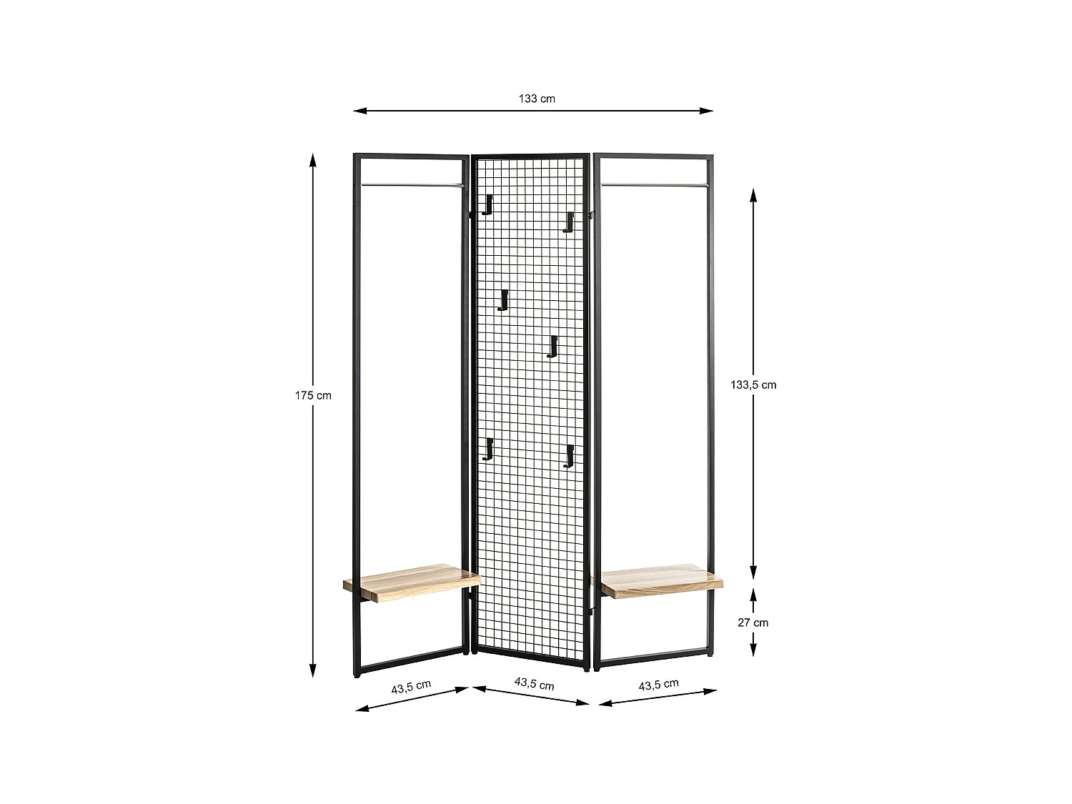 Porte-manteau Penderie, portant vestiaire paravent en métal coloris noir - Longueur 133 x Hauteur 175 x Profondeur 24 cm