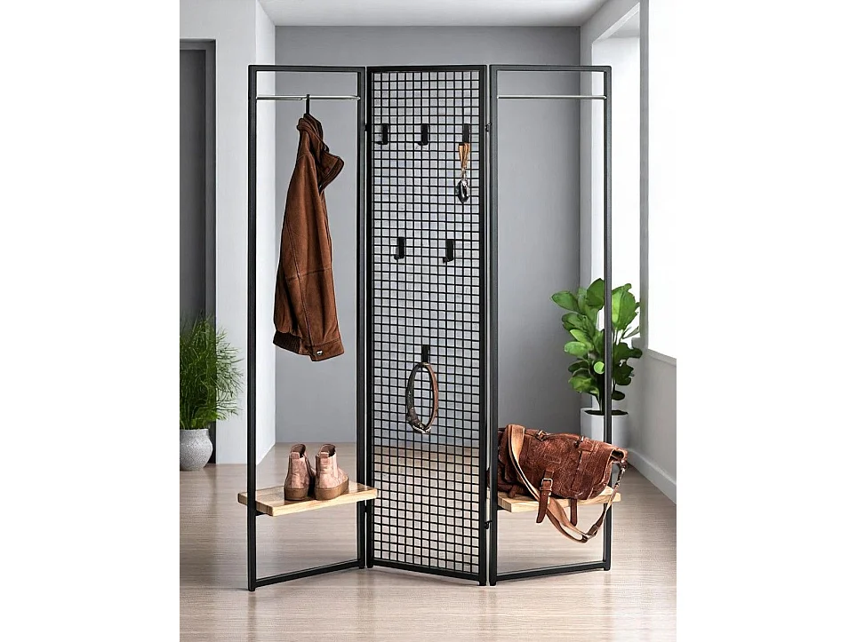 Porte-manteau Penderie, portant vestiaire paravent en métal coloris noir - Longueur 133 x Hauteur 175 x Profondeur 24 cm