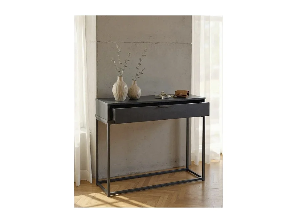 Table console meuble d'entrée coloris gris anthracite et métal noir - Longueur 80 x Profondeur 28 x Hauteur 77 cm