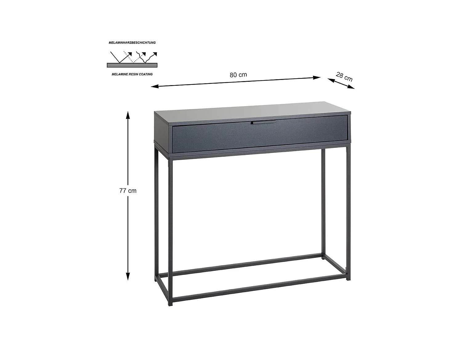 Table console meuble d'entrée coloris gris anthracite et métal noir - Longueur 80 x Profondeur 28 x Hauteur 77 cm