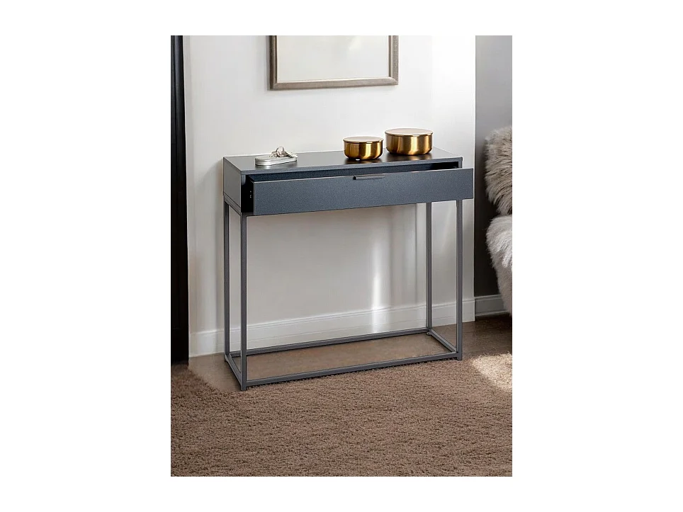 Table console meuble d'entrée coloris gris anthracite et métal noir - Longueur 80 x Profondeur 28 x Hauteur 77 cm