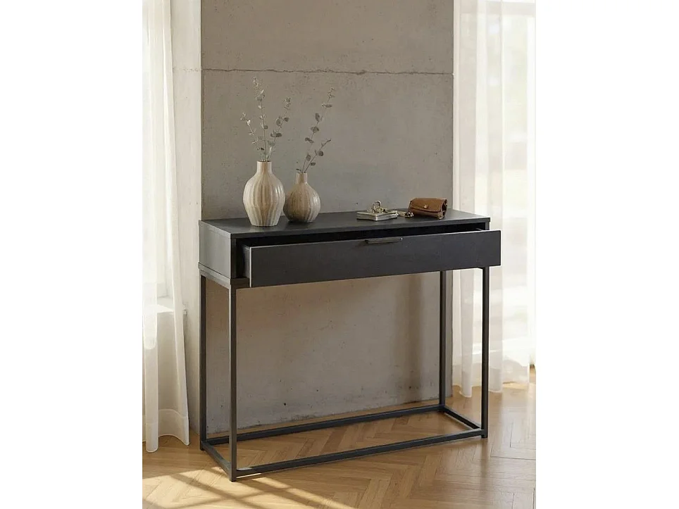 Table console meuble d'entrée coloris gris anthracite et métal noir - Longueur 80 x Profondeur 28 x Hauteur 77 cm