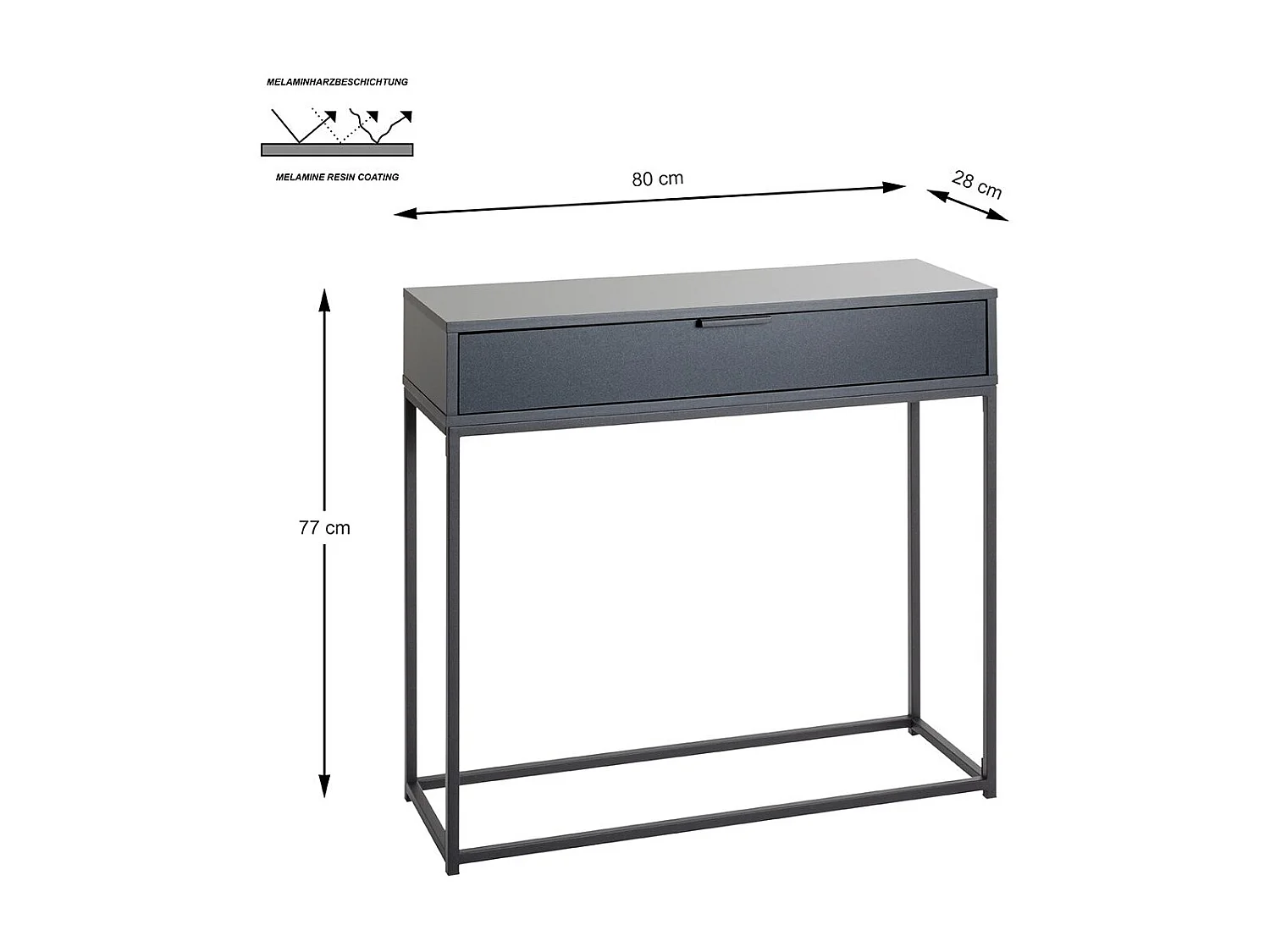 Table console meuble d'entrée coloris gris anthracite et métal noir - Longueur 80 x Profondeur 28 x Hauteur 77 cm