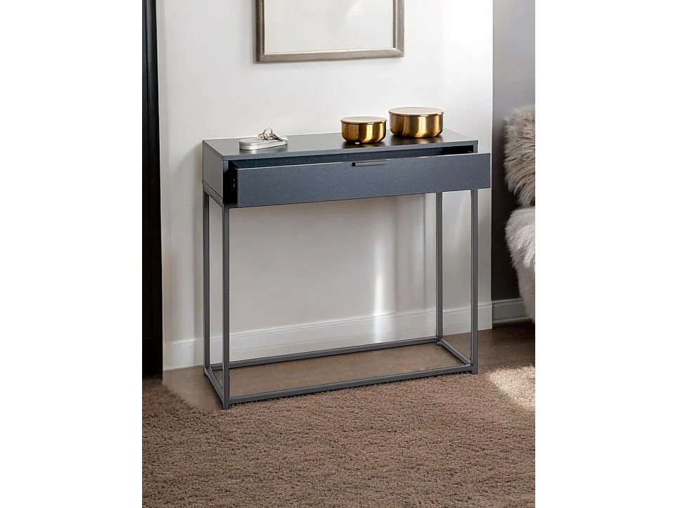 Table console meuble d'entrée coloris gris anthracite et métal noir - Longueur 80 x Profondeur 28 x Hauteur 77 cm