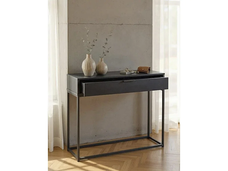 Table console meuble d'entrée coloris gris anthracite et métal noir - Longueur 80 x Profondeur 28 x Hauteur 77 cm