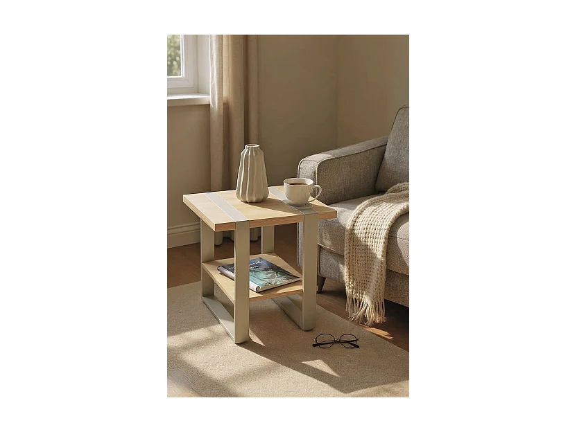 Table d'appoint étagère coloris Chêne naturel et métal gris - Longueur 45 x Profondeur 45 x Hauteur 45 cm
