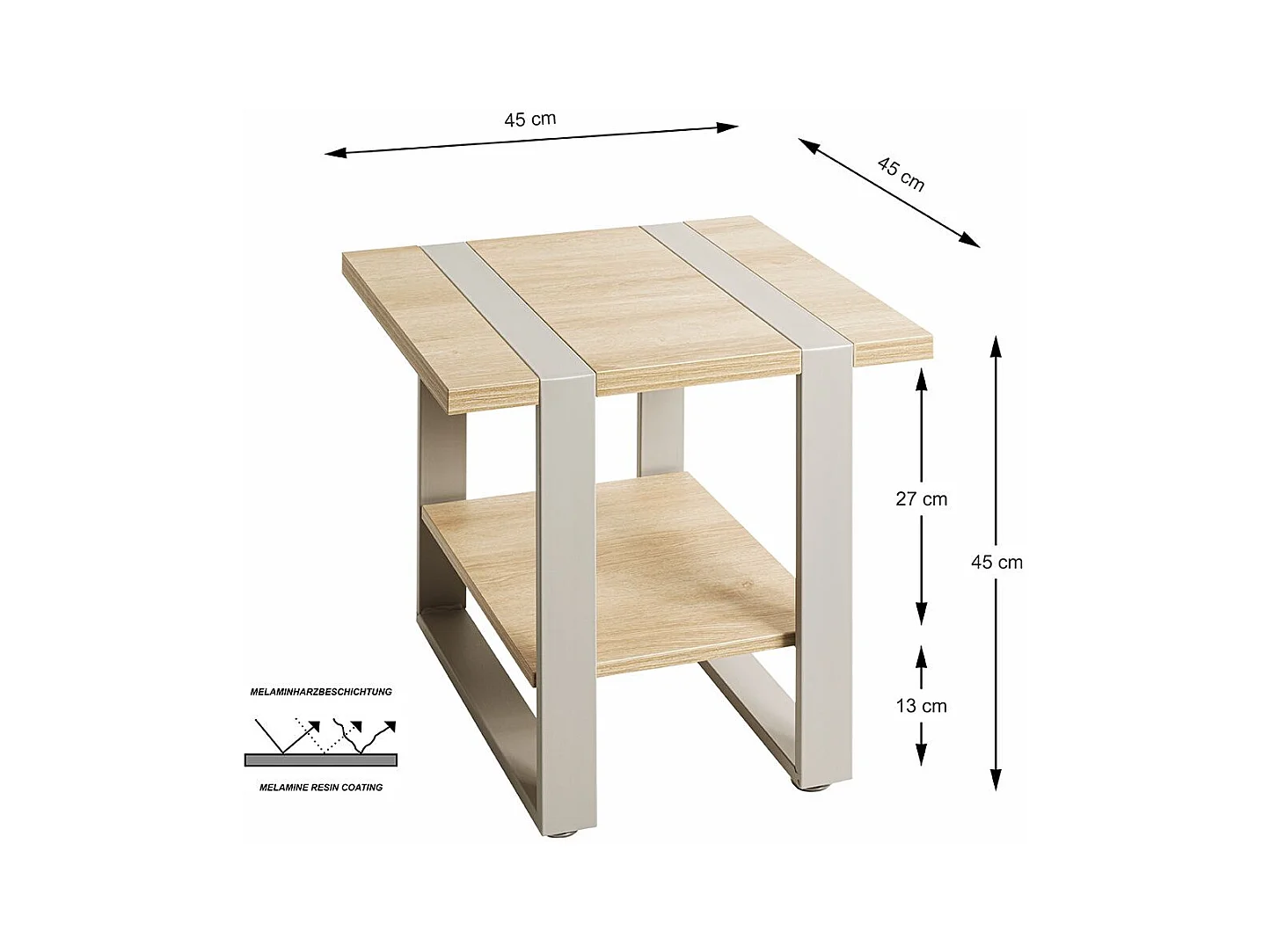 Table d'appoint étagère coloris Chêne naturel et métal gris - Longueur 45 x Profondeur 45 x Hauteur 45 cm