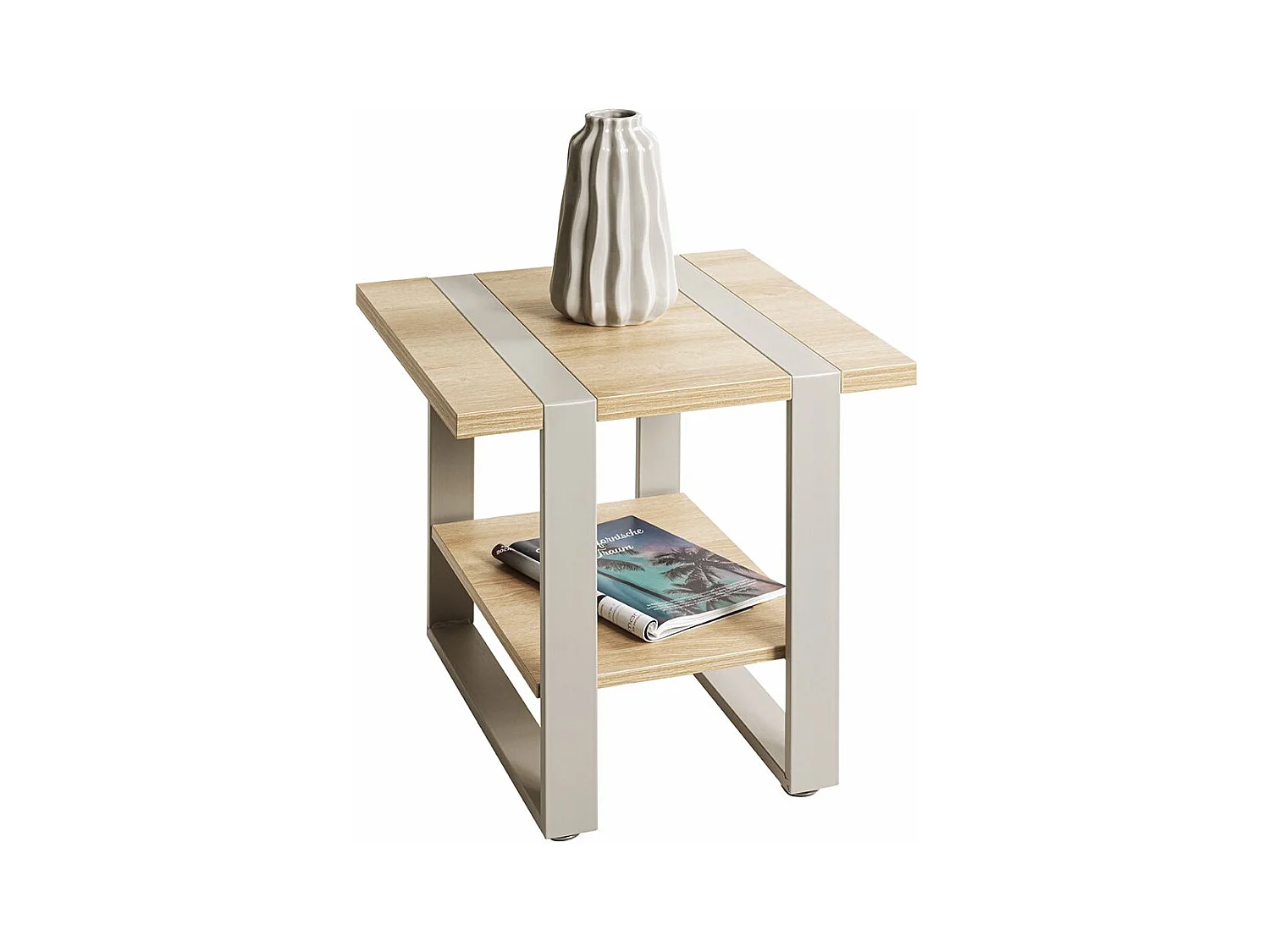 Table d'appoint étagère coloris Chêne naturel et métal gris - Longueur 45 x Profondeur 45 x Hauteur 45 cm