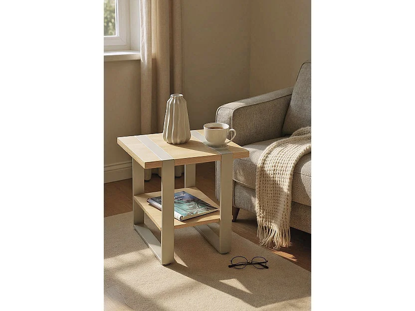 Table d'appoint étagère coloris Chêne naturel et métal gris - Longueur 45 x Profondeur 45 x Hauteur 45 cm