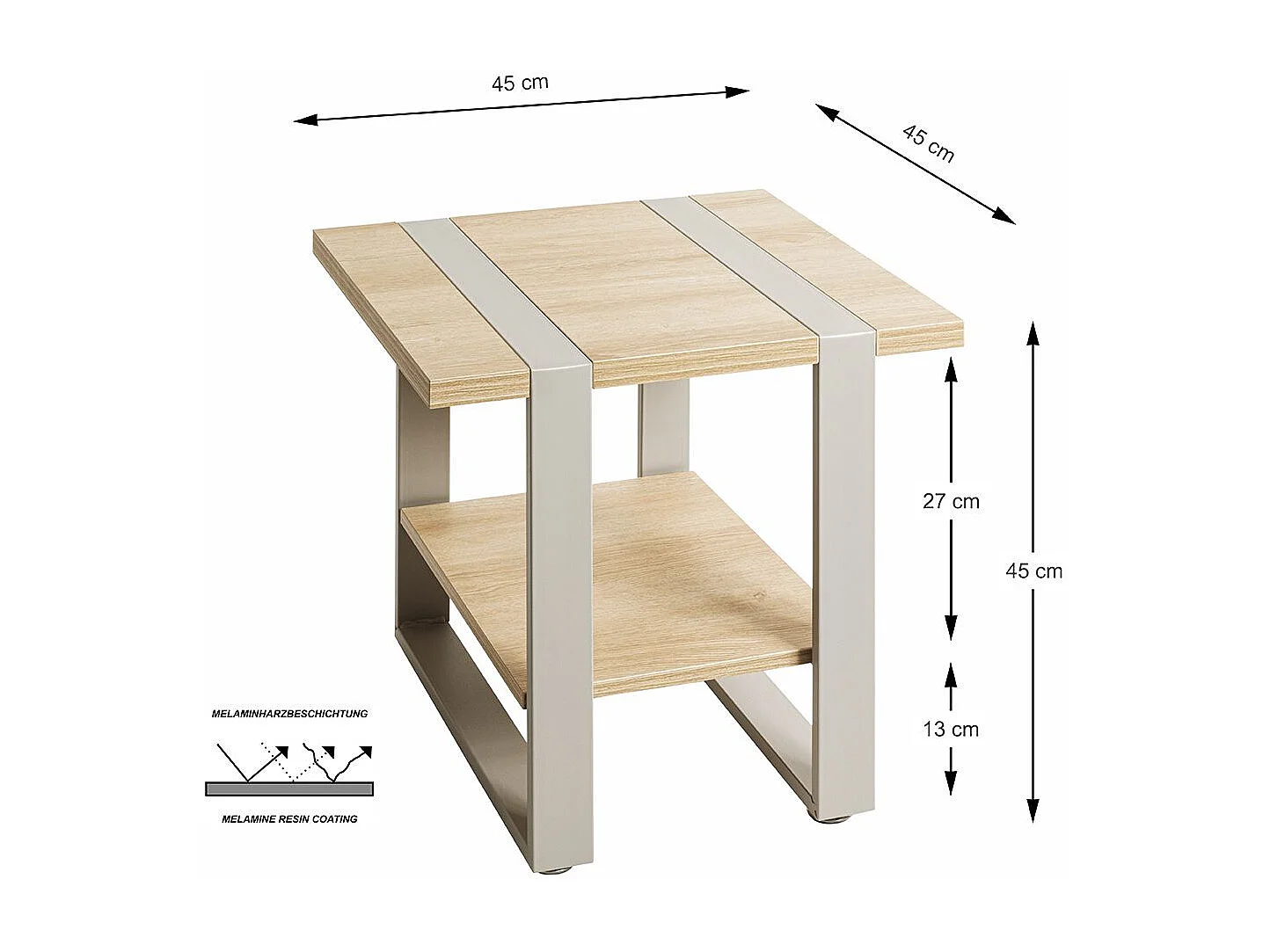Table d'appoint étagère coloris Chêne naturel et métal gris - Longueur 45 x Profondeur 45 x Hauteur 45 cm