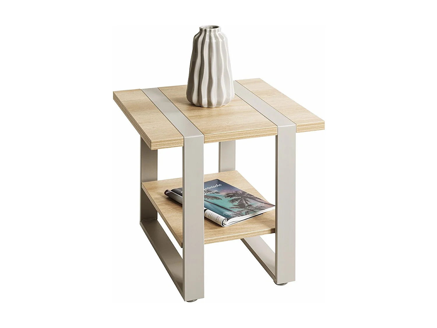 Table d'appoint étagère coloris Chêne naturel et métal gris - Longueur 45 x Profondeur 45 x Hauteur 45 cm