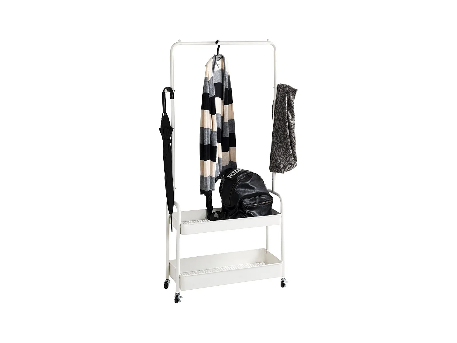 Portant à vêtements sur 4 roulettes, en tube d'acier blanc - Longueur 85 x Hauteur 155 x Profondeur 31 cm