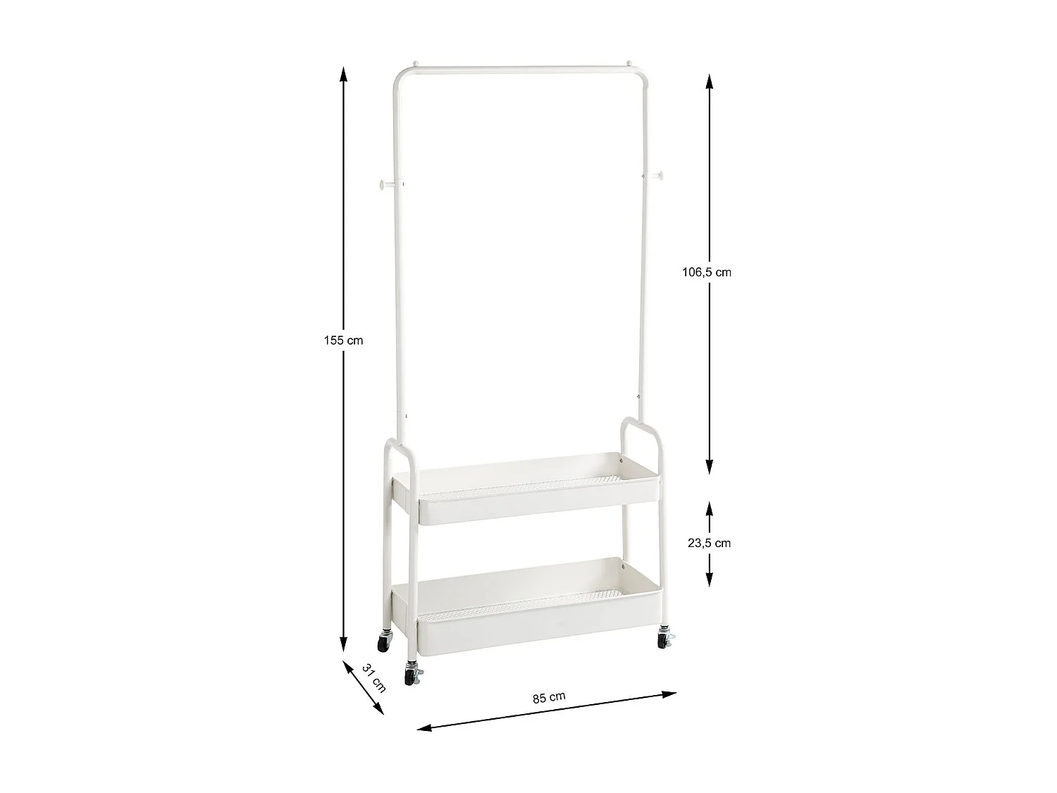 Portant à vêtements sur 4 roulettes, en tube d'acier blanc - Longueur 85 x Hauteur 155 x Profondeur 31 cm