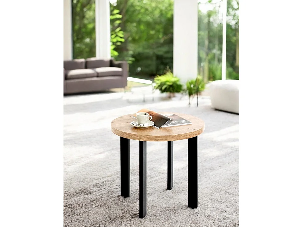 Table ronde Table basse coloris chêne et métal noir - Diamètre 50 x Hauteur 46 cm