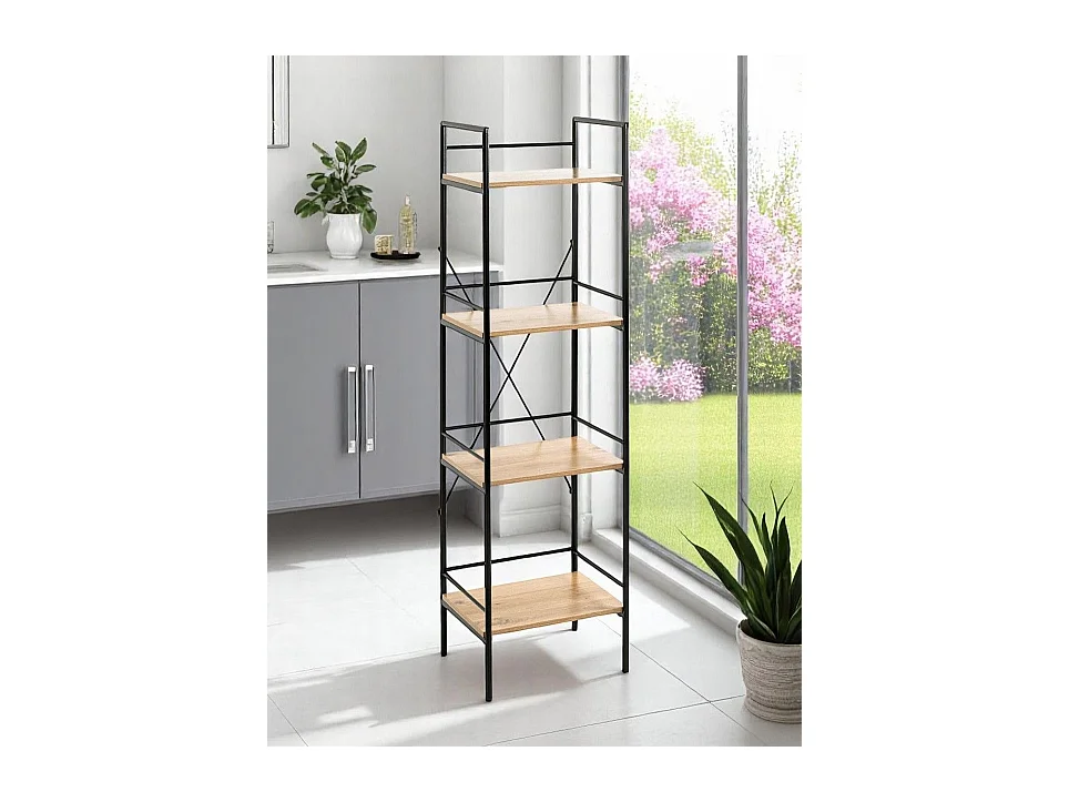 Meuble colonne de rangement 4 étagères coloris chêne/noir - Longueur 34 x Hauteur 130 x Profondeur 27 cm