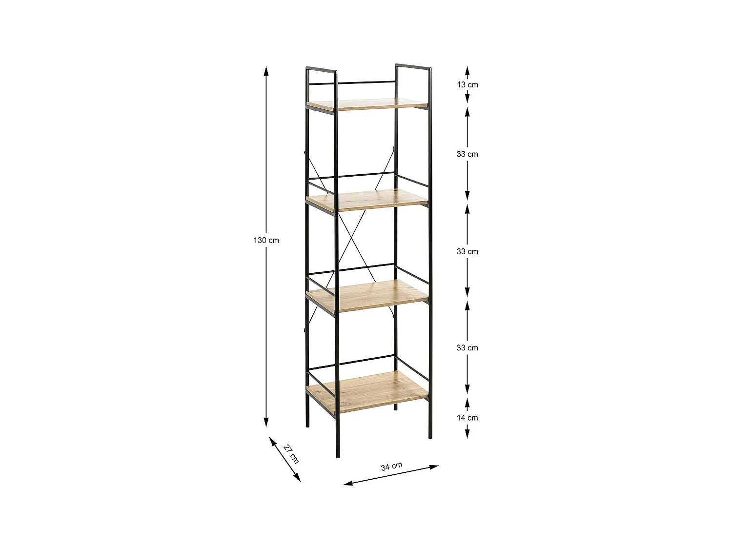 Meuble colonne de rangement 4 étagères coloris chêne/noir - Longueur 34 x Hauteur 130 x Profondeur 27 cm