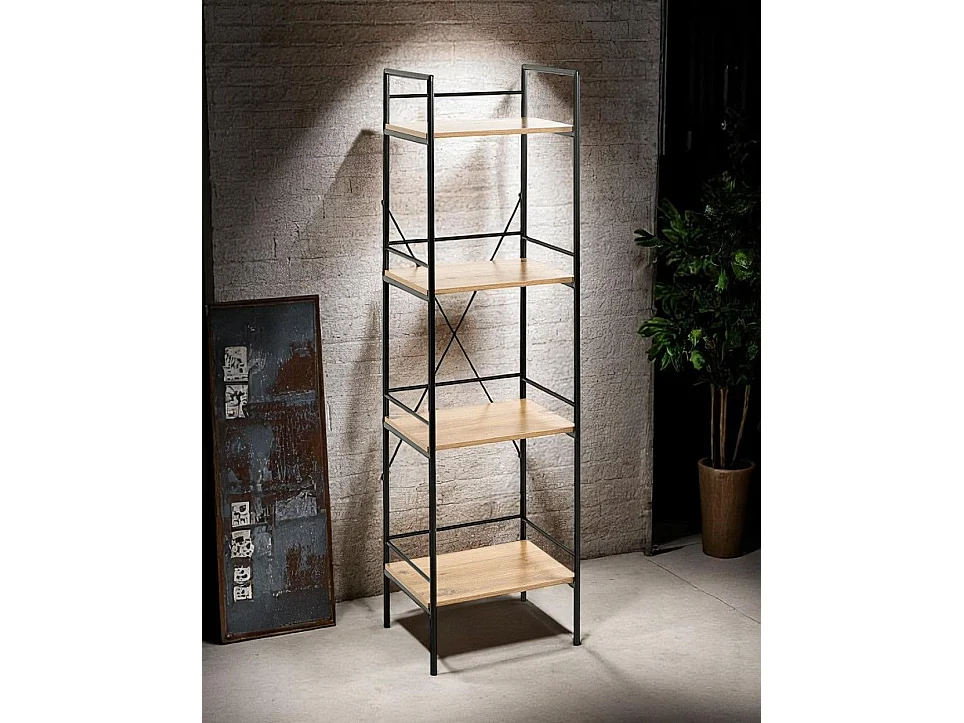 Meuble colonne de rangement 4 étagères coloris chêne/noir - Longueur 34 x Hauteur 130 x Profondeur 27 cm