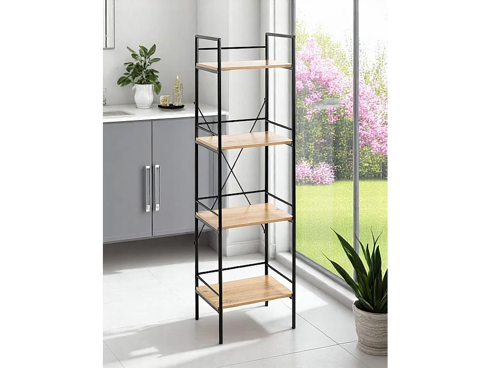 Meuble colonne de rangement 4 étagères coloris chêne/noir - Longueur 34 x Hauteur 130 x Profondeur 27 cm