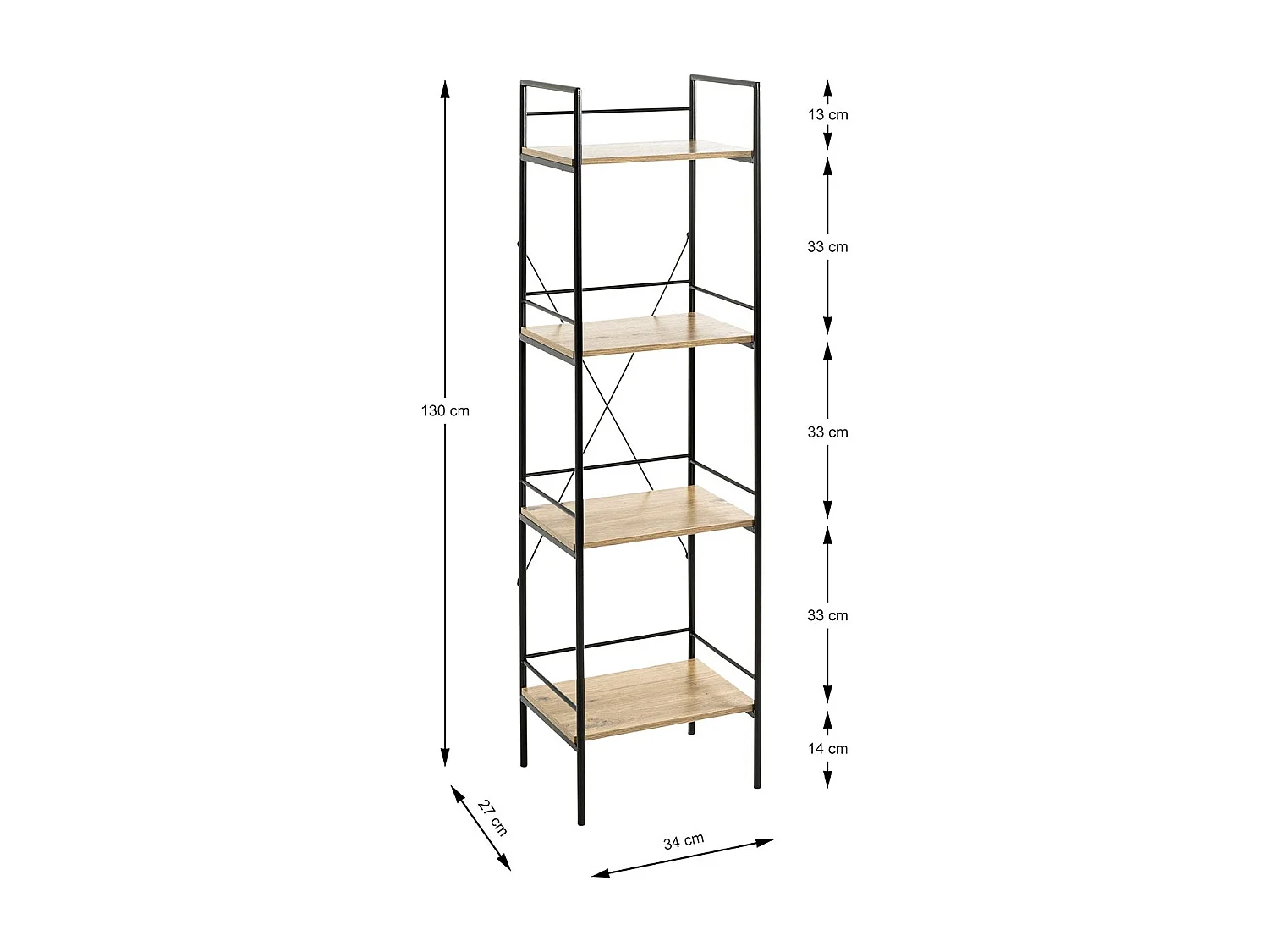 Meuble colonne de rangement 4 étagères coloris chêne/noir - Longueur 34 x Hauteur 130 x Profondeur 27 cm