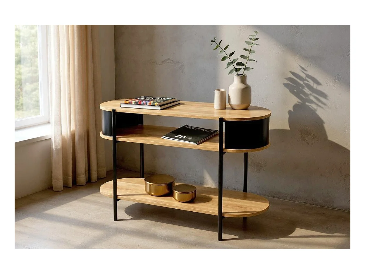 Table console meuble salon coloris chêne/Noir - Longueur 110 x Hauteur 76 x Profondeur 39 cm