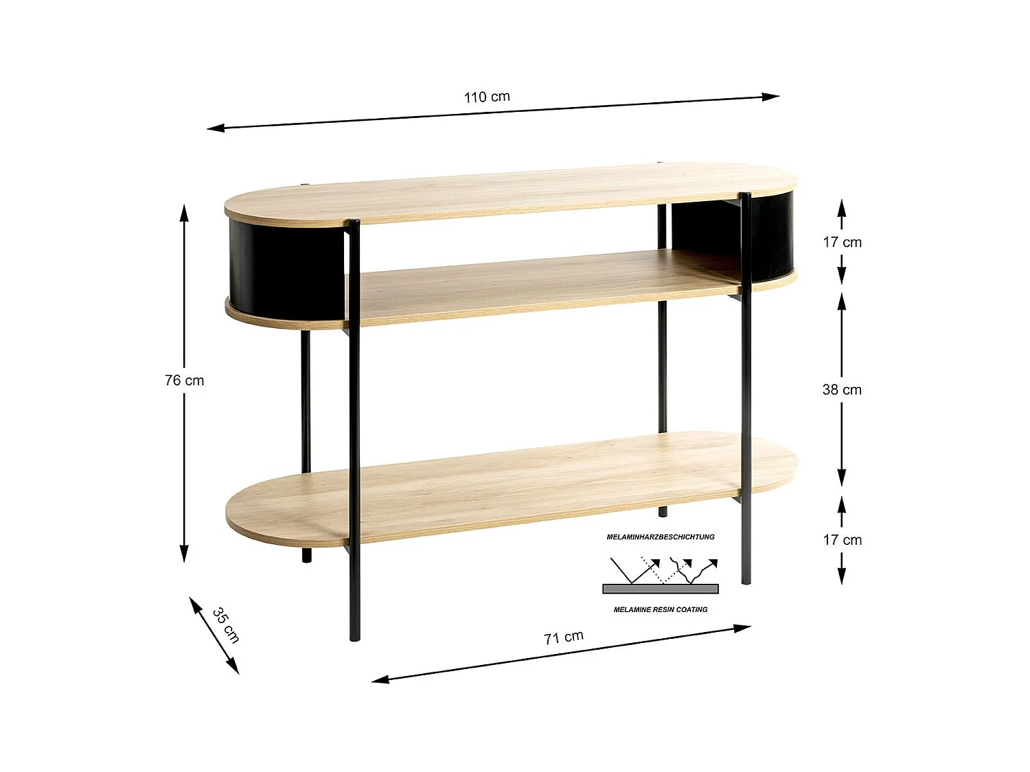 Table console meuble salon coloris chêne/Noir - Longueur 110 x Hauteur 76 x Profondeur 39 cm