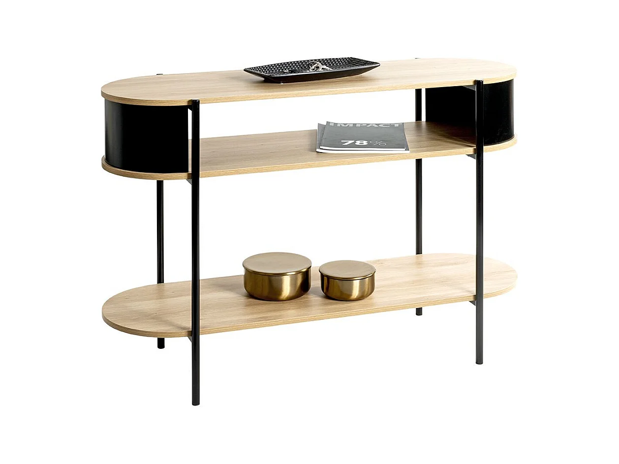 Table console meuble salon coloris chêne/Noir - Longueur 110 x Hauteur 76 x Profondeur 39 cm
