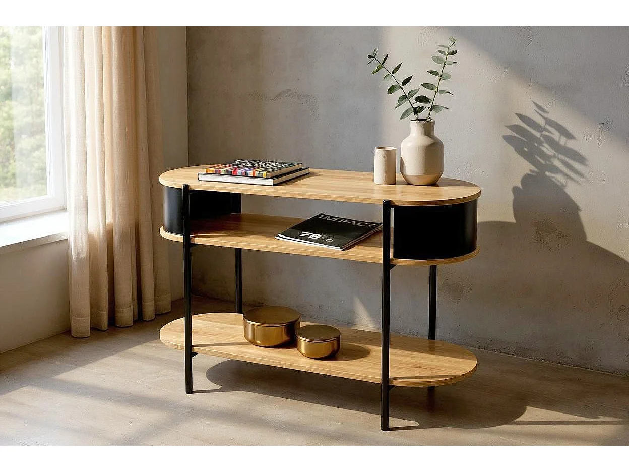 Table console meuble salon coloris chêne/Noir - Longueur 110 x Hauteur 76 x Profondeur 39 cm
